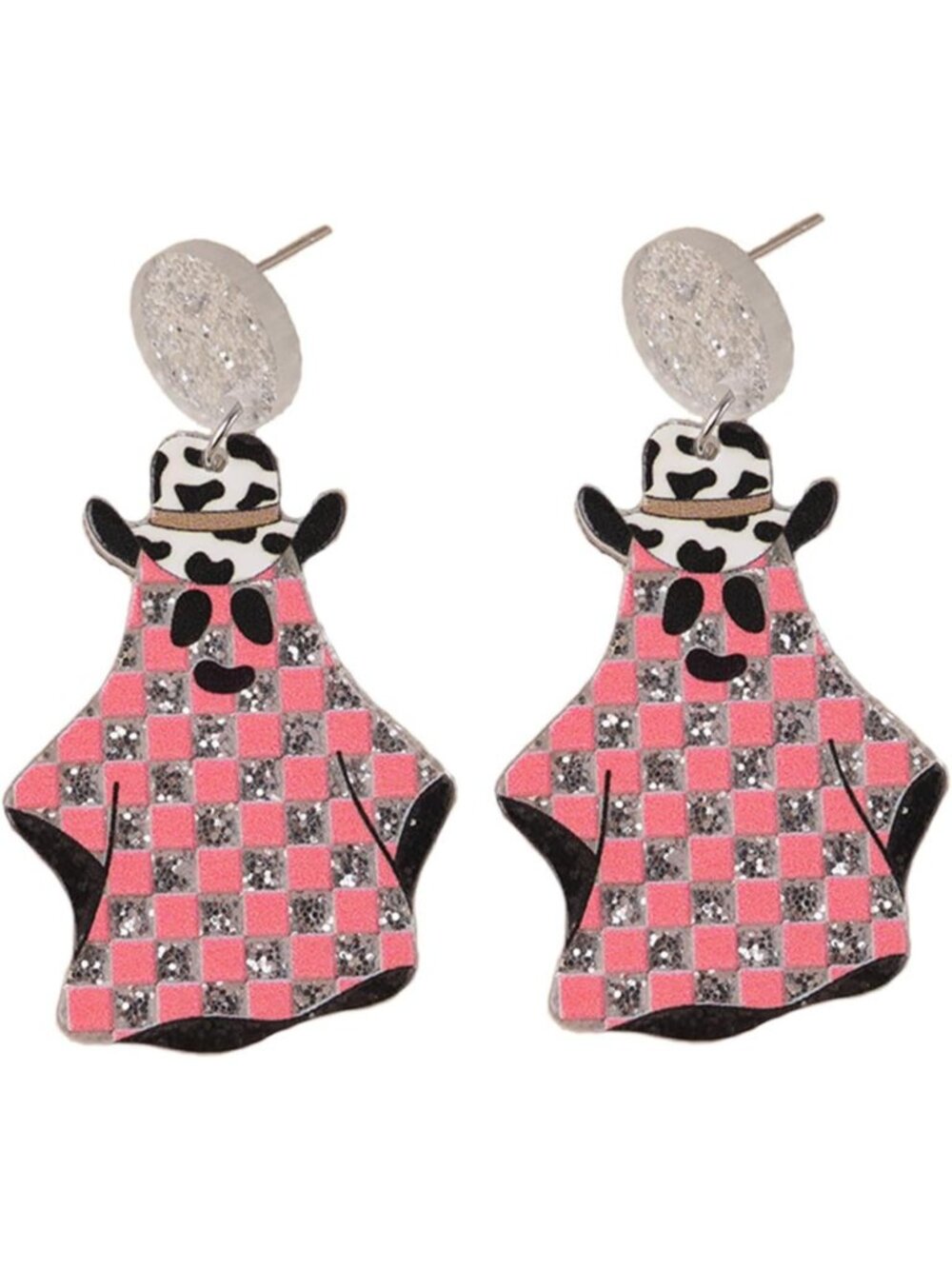 Women's Pink Wooden Spooky Dangle Flower Drop Stuff Charms Halloween Earrings